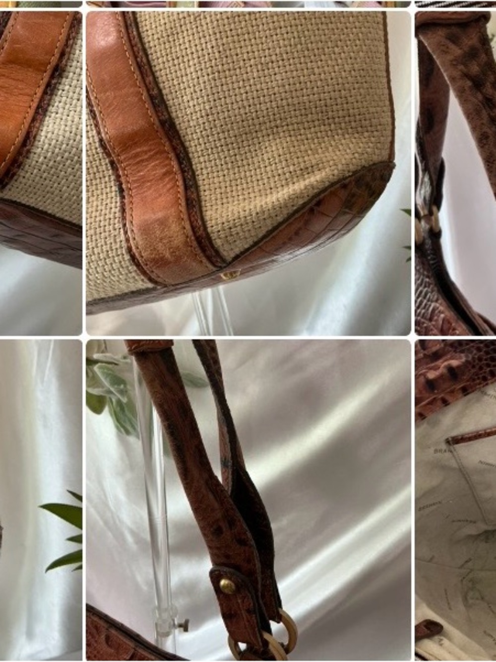 Preloved Brahmin Croc Embossed Leather Trim Raffia Canvas Gold Trim - Picture 13 of 13